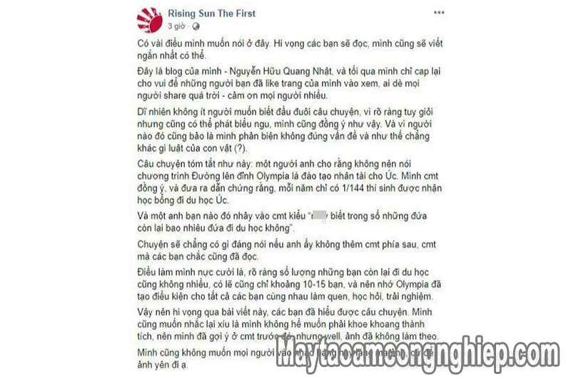Bài đăng trên facebook của Nguyễn Hữu Quang Nhật