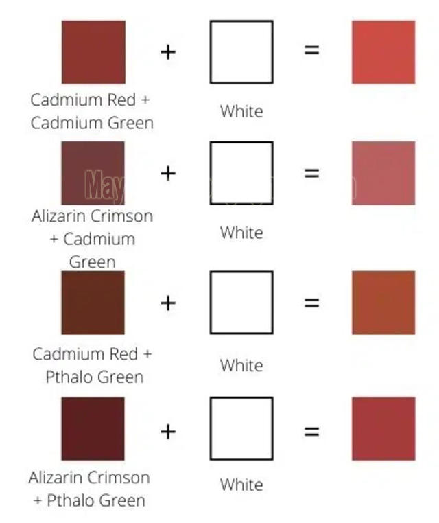 Các sắc độ đỏ kết hợp với màu trắng sẽ cho ra các màu đỏ nhạt khác nhau